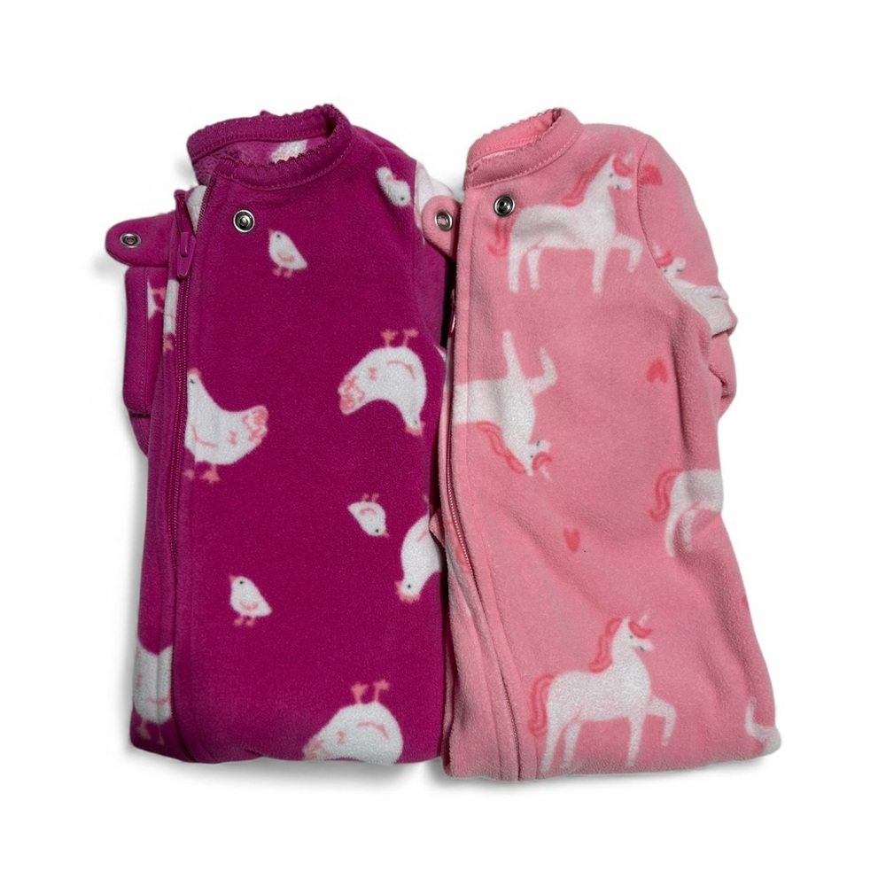 3-6M - Warm Cozy Fleece Jammies. Cute Unicorn and Chicken Print.
